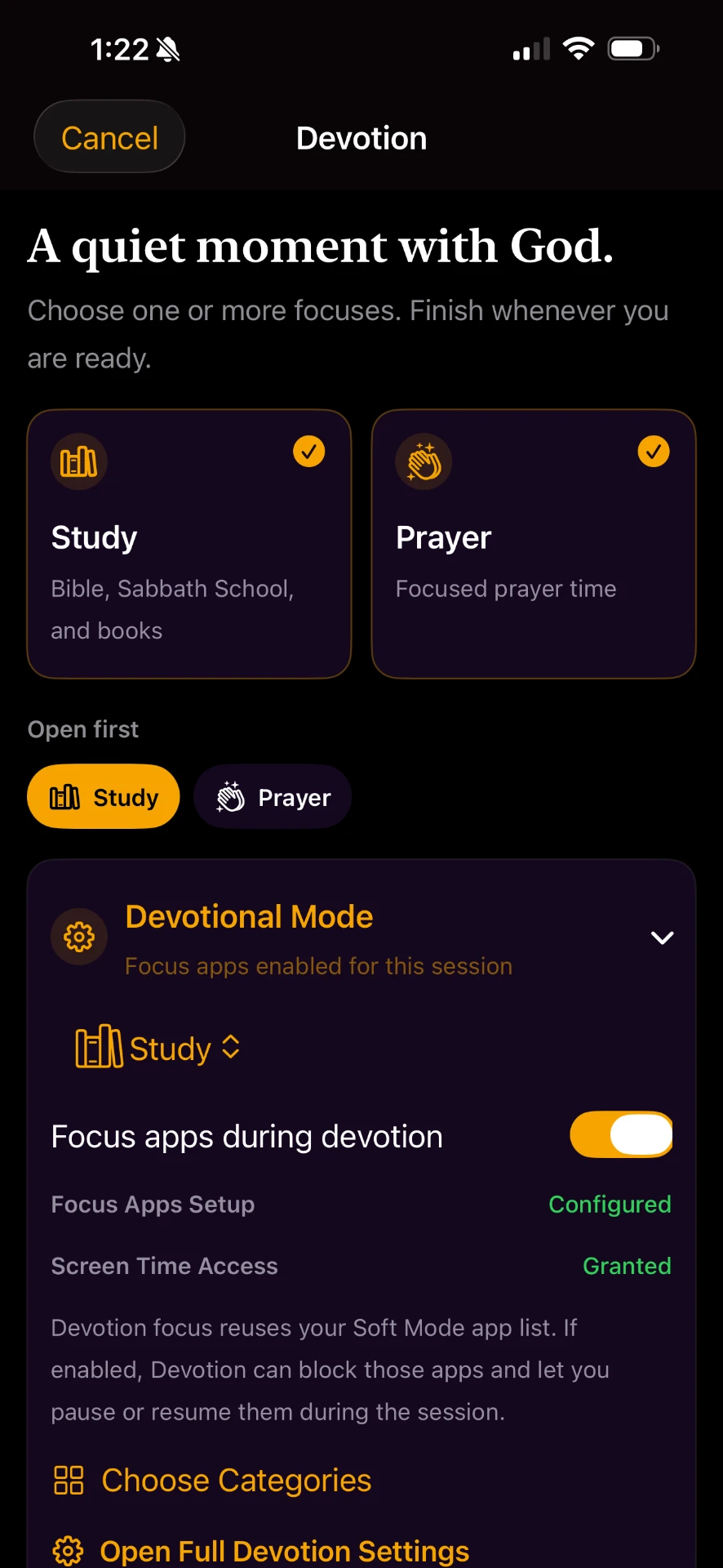SabbathMate devotion screen offering study and prayer focuses with devotional mode settings