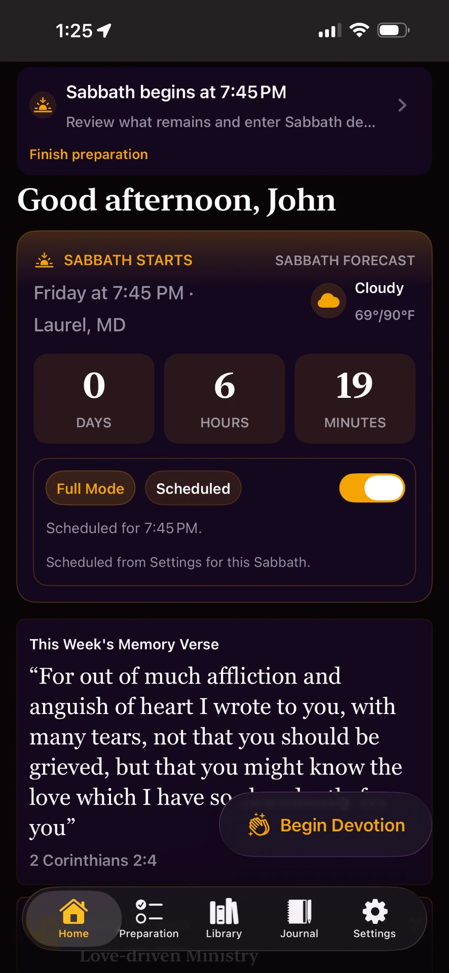 SabbathMate home screen with a Sabbath countdown, sunset time, forecast, and the week's memory verse