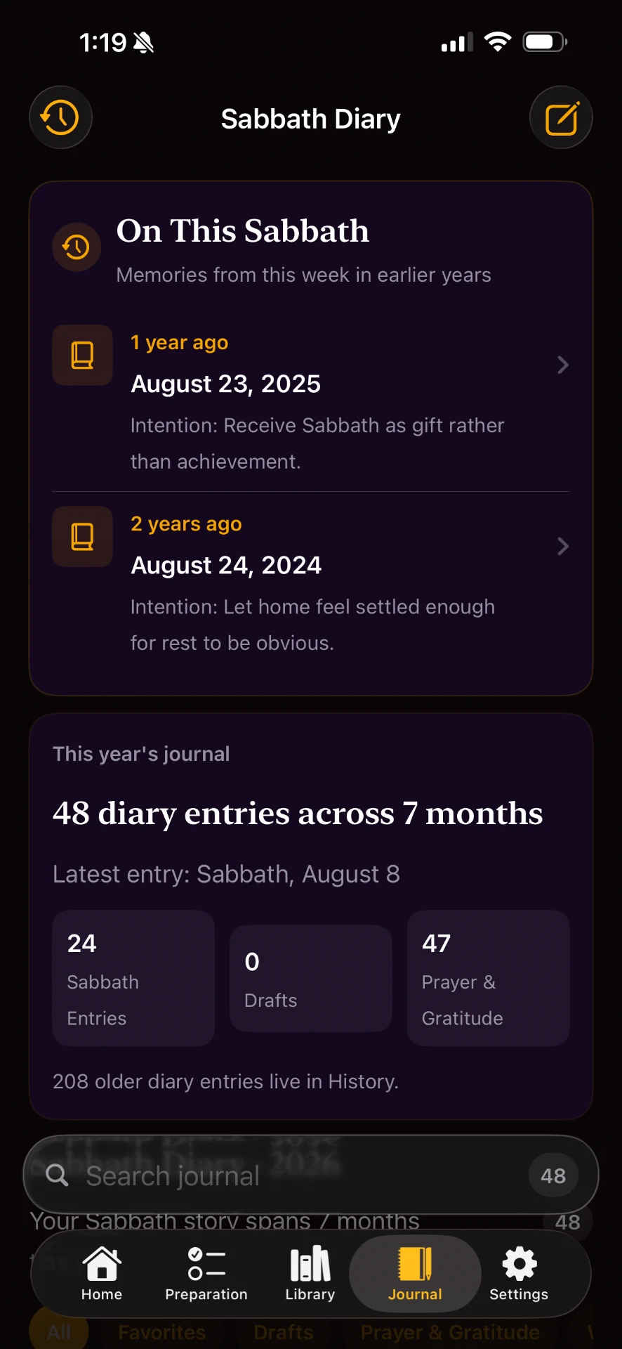 SabbathMate Sabbath Diary screen showing memories from earlier years and this year's journal