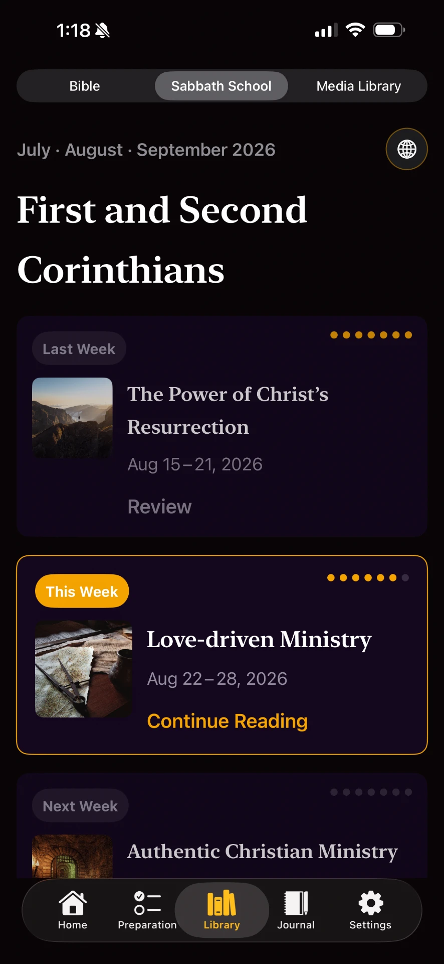 SabbathMate Sabbath School screen listing quarterly lessons on First and Second Corinthians