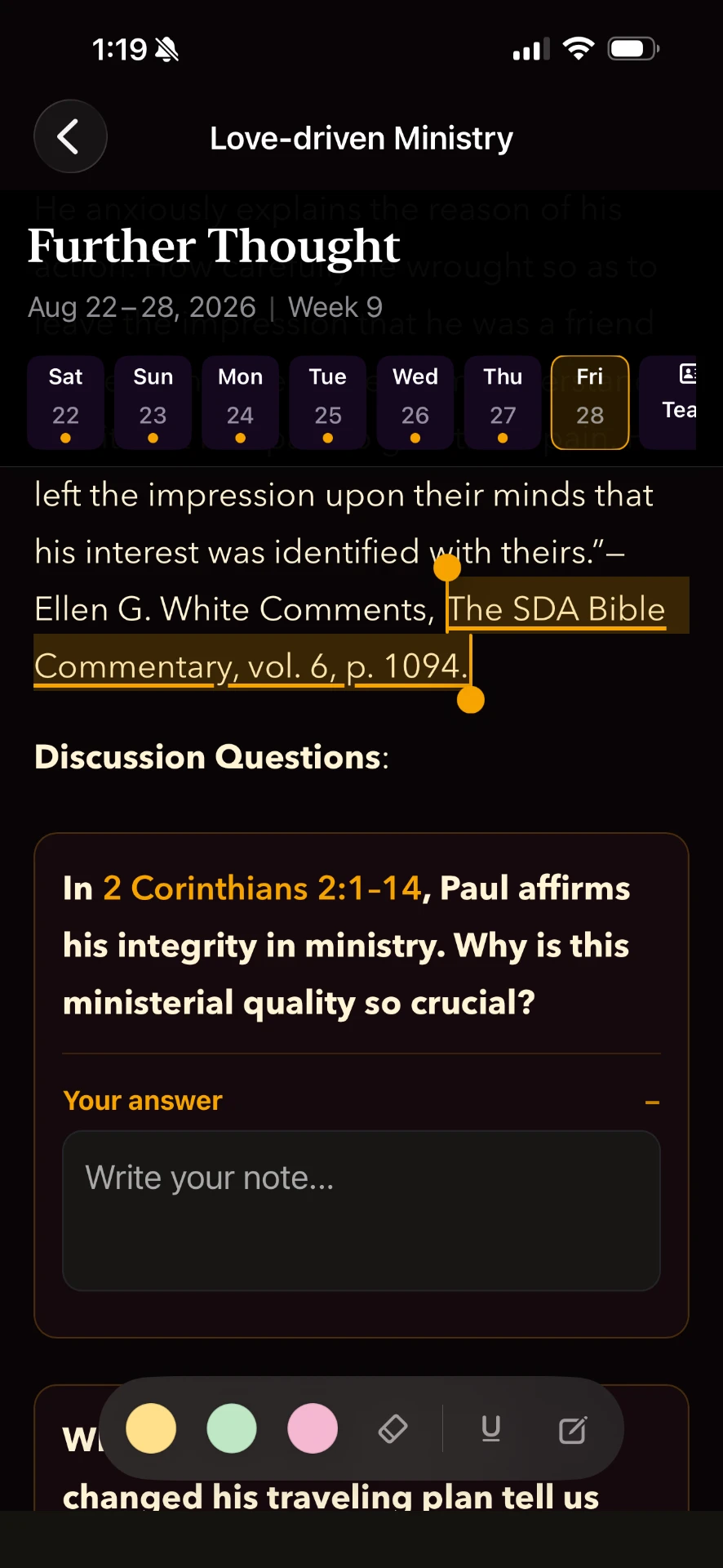 SabbathMate lesson reading screen with highlighted text and discussion question notes
